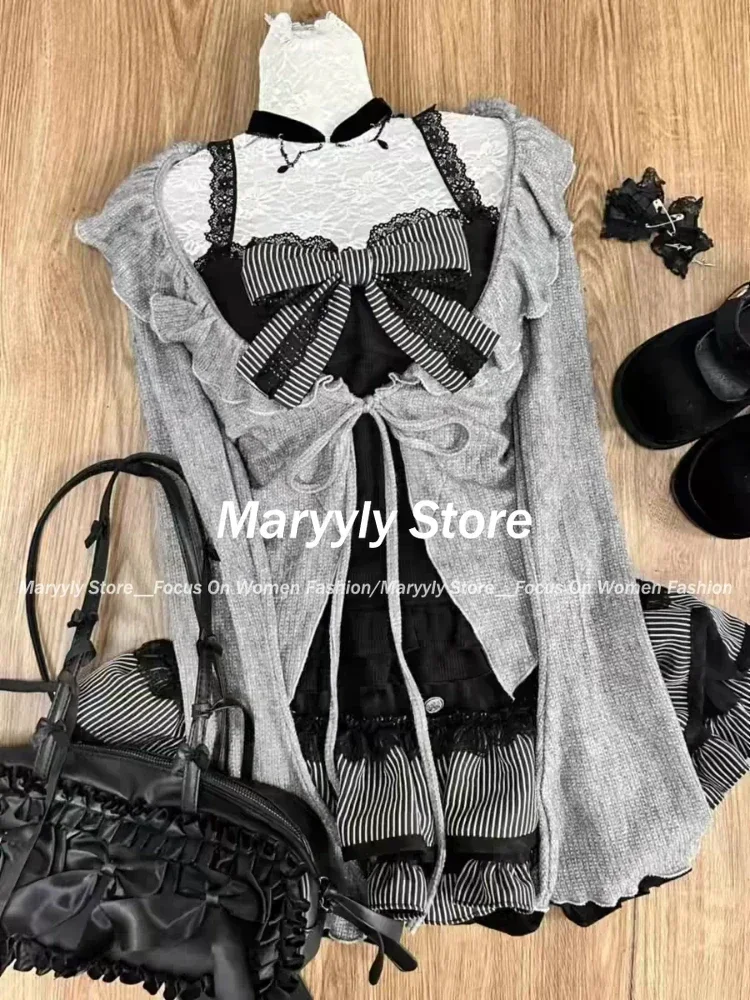 Autumn Winter  Sweet Lolita 3 Piece Set Women Lace Up Knitted Cardigan+ Sexy Slim Strapless Vest Tops+ High Waist Ruched Skirts