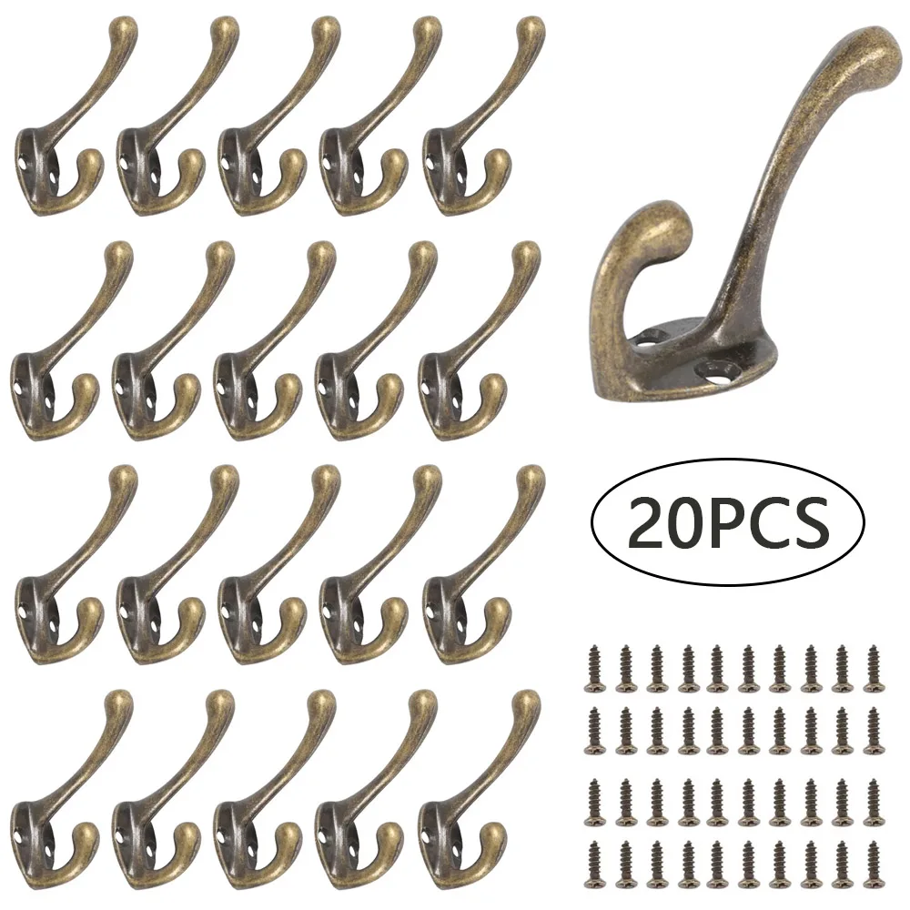 10/20 Peças Ganchos de Parede Reforçados Duplos para Casacos, Cabideiro Vintage Bronze com Parafuso para Porta e Banheiro