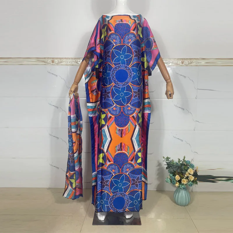 2023 silk kaftan Rayon Oversize African Women Clothing Dubai Dashiki Abaya Free Size Print Design With Scarf Loose Long Dress