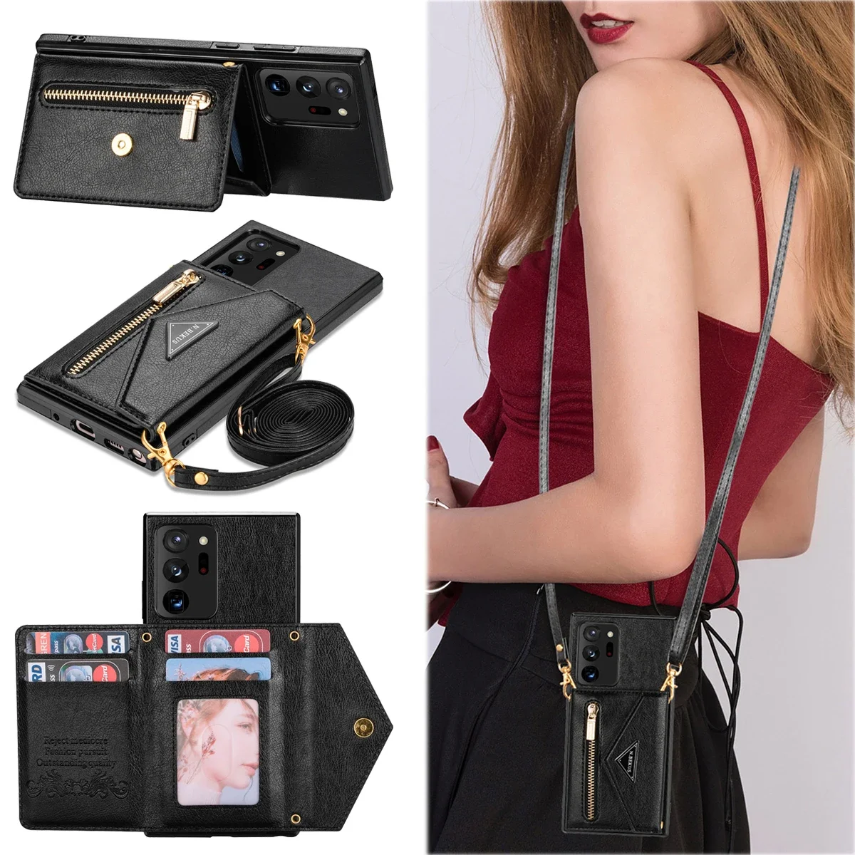 Zipper Wallet for Samsung Galaxy S23 S22 S21 FE Note 20 Ultra S24 Plus A52 A52s A12 A53 Case Card Holder Strap Crossbody Leather