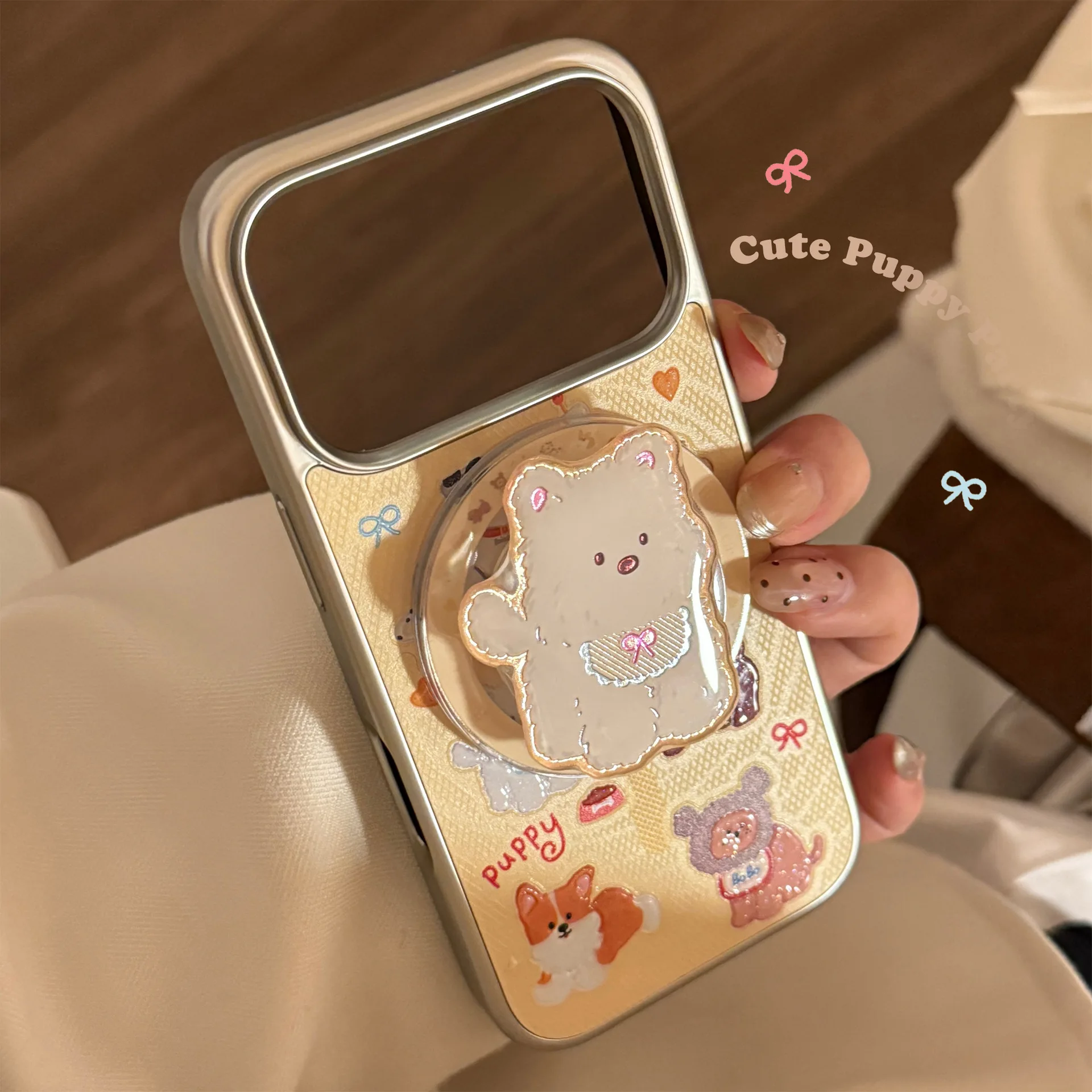 

Electroplated Silver and Gold Magnetic Suction Bracket Mobile Phone Case for IPhone Models 13 17 Pro Max Butter Puppy Design