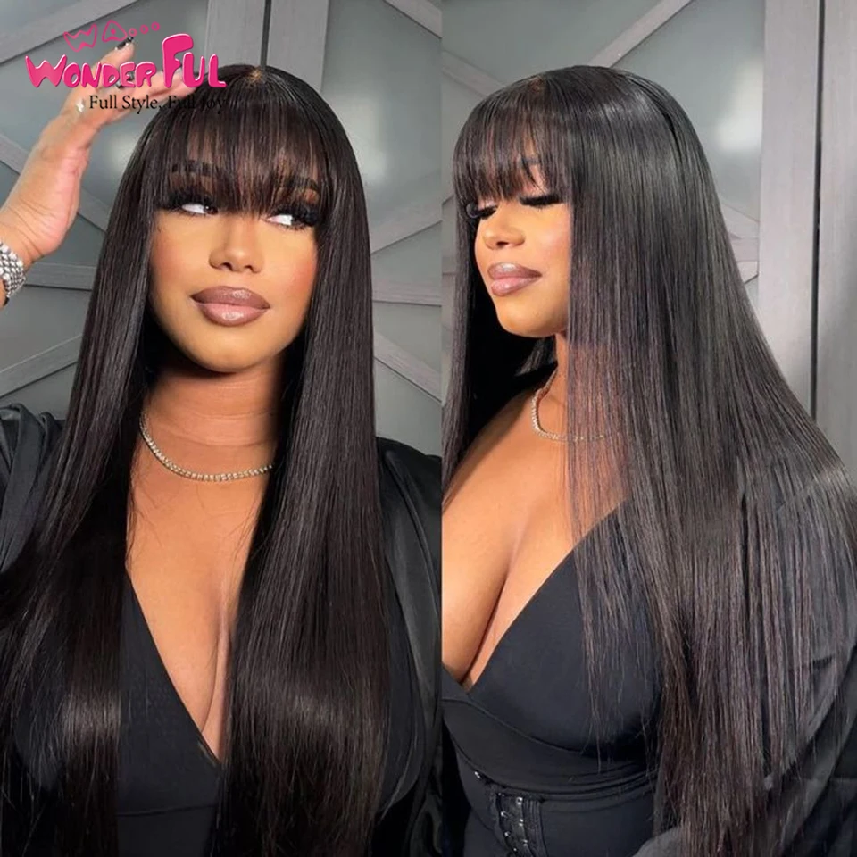 Wonderful Straight Human Hair Wigs With Bangs Full Machine Made Wigs Colored blonde burg Brazilian Remy Hair Wig For Black Women