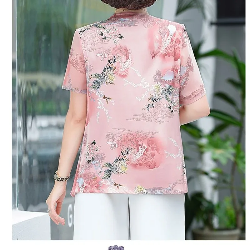 Jersey de cuello redondo para mujer, Tops de gasa de manga corta con remaches estampados, pliegues, moda informal versátil, novedad de verano 2024