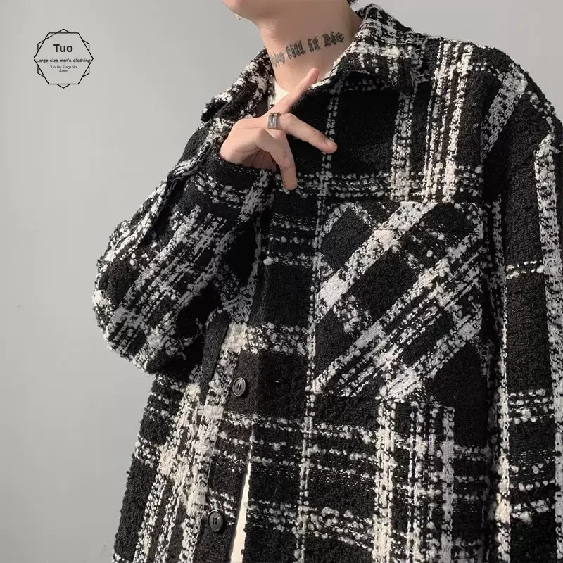 

Мужская рубашка-куртка оверсайз в клетку тартан, весна-осень, люксовая, легкая, из смесового хлопка и полиэстера, не требует глажки, модный бренд