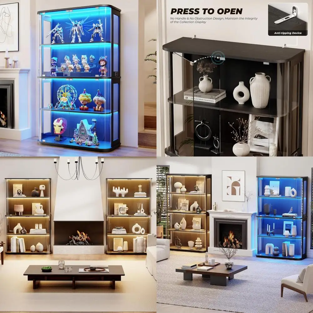 

Four-Tier Glass Door Display Cabinet with Illuminated Shelves for Collectibles