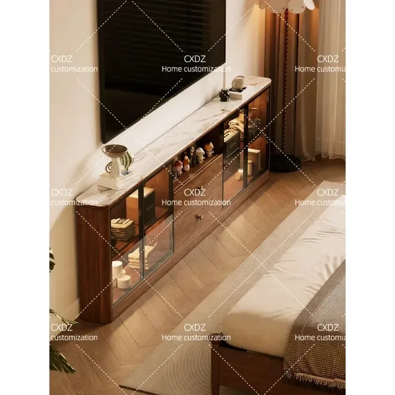 Solid wood TV cabinet narrow ultra-thin storage locker integrated high cabinet medium antique bedroom TV cabinet small