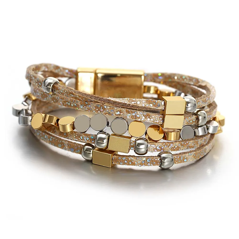 Amorcome Fashion Copper Alloy Beads Bracelet for Women Boho Printed Soft Leather Multilayer Wide Wrap Bracelets Jewelry Gifts