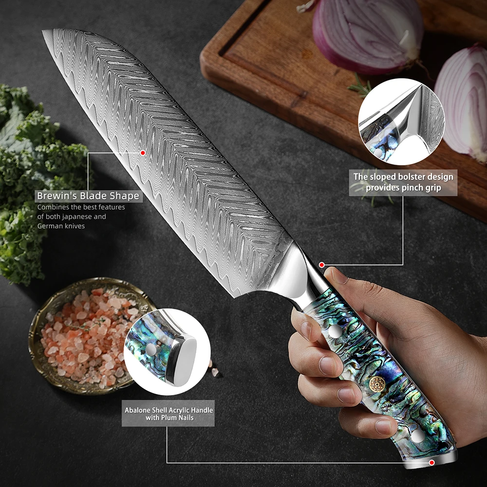 Santoku Knife 7 Inch Damascus Japanese Steel Kitchen Knife,VG10 67-Layer High Carbon Full Tang Best Chef Santoku knives Sharp