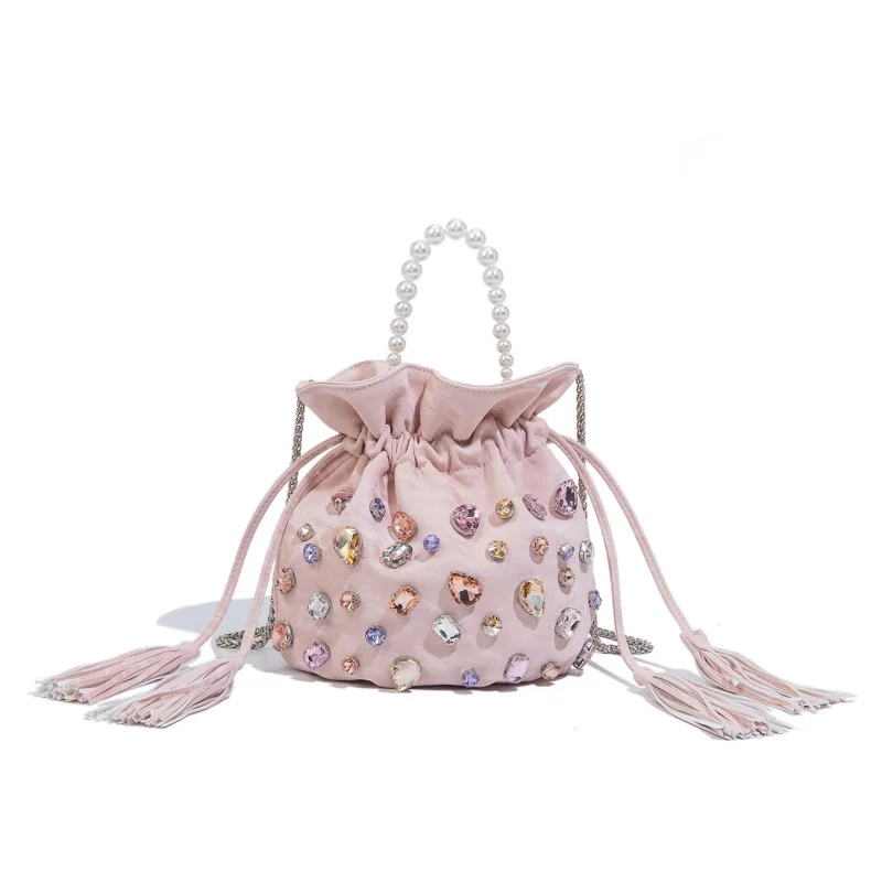 

High-End Diamond Inlaid Pearl Handbag Light Luxury Versatile Drawstring Single Shoulder Diagonal Cross Bag Fashion Accessory