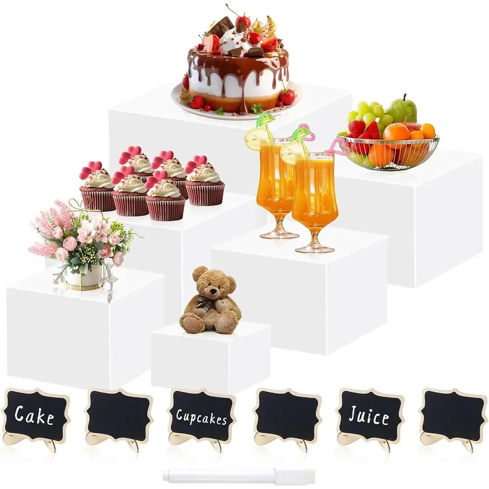 

6Pcs White Acrylic Buffet Risers with Mini Sign, Food Risers for Buffet Table, Dessert Table Display Set, Display Stand Shelf fo