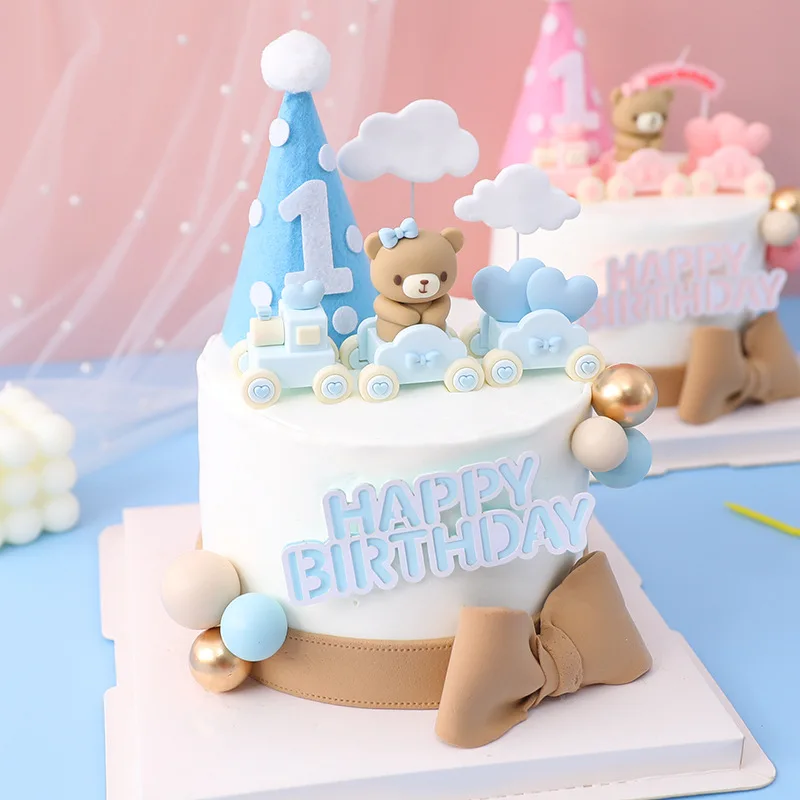 Bear Cake Toppers Baby Shower Decoration Mini Pink Blue Bear Train Boy Girl Years Old Happy Birthday Gender Reveal Party Decor