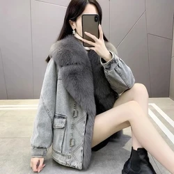 Fried Street Cowboy Fur Collar Fur Jackets Women's Overcoat 2023 Autumn Winter New Loose Casual Short Jeans Cotton-Padded Jacket