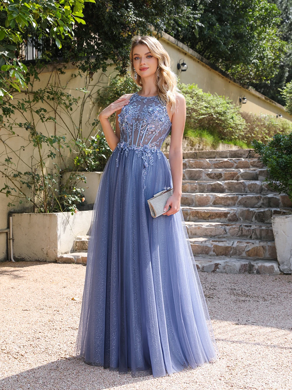 Soft Shiny Tulle Dusty Blue Evening Dresses Elegant Appliques Sexy Backless Fish Bone Illusion Prom Formal Party Gowns Vestidos