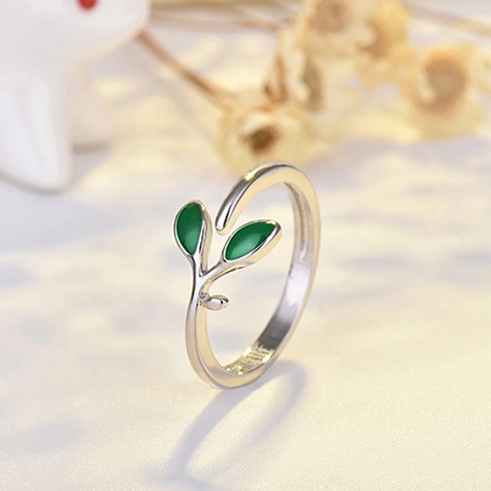 New 925 Silver Plated Women Ring Fashion individual Green Leaves Sprout Adjustable Index Finger Rings Jewelry Anniversary Gift