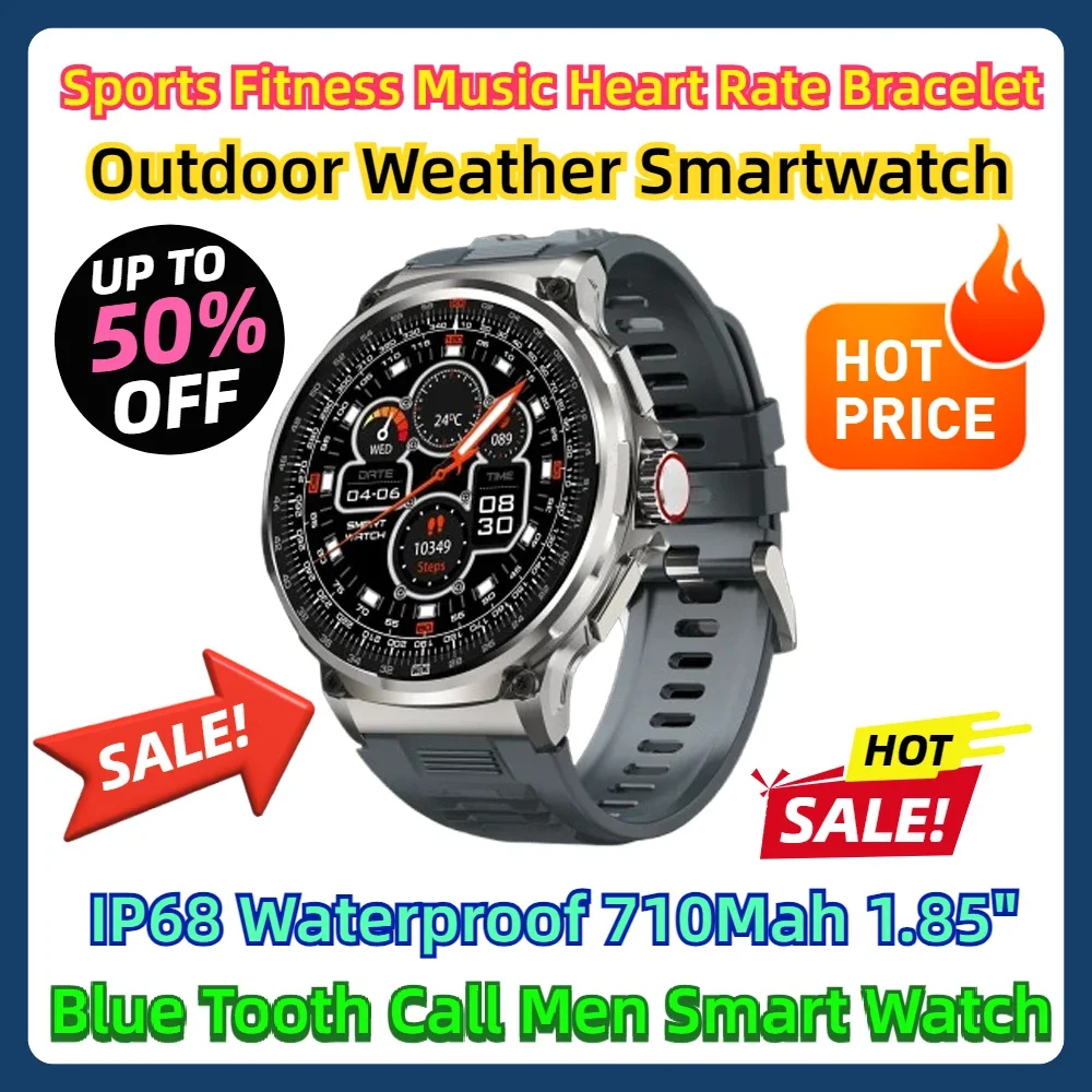 

IP68 Waterproof Men Smart Watch 710Mah Sports Fitness Music Heart Rate Bracelet Outdoor Weather Smartwatch 1.85" Blue Tooth Call