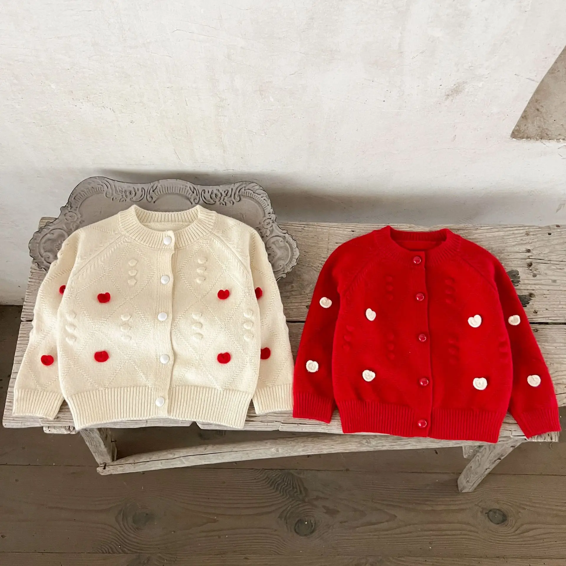 Ins Korean Version Girls' Baby Pure Cotton Three-dimensional Love Sweater Cardigan Autumn and Winter Baby Thick Warm Jacket