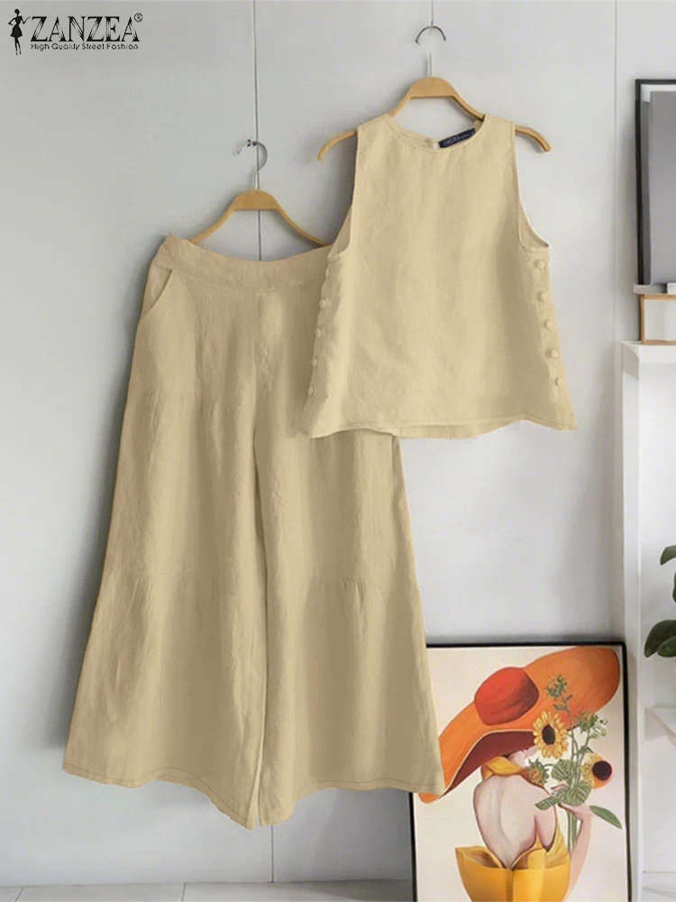 

ZANZEA 2025 летние элегантные майки без рукавов, топы, широкие брюки, костюм, женская одежда, свободные комплекты брюк, модные комплекты из двух предметов