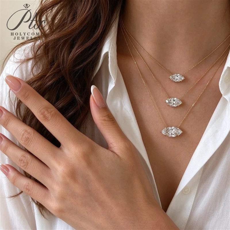 Diamant-Halsketten 1CT Marquise-Schliff S925 Silber 14K Gold East West Einzelstein-Anhänger für Damen Hochzeit Feiner Holycome Schmuck – Detail 3