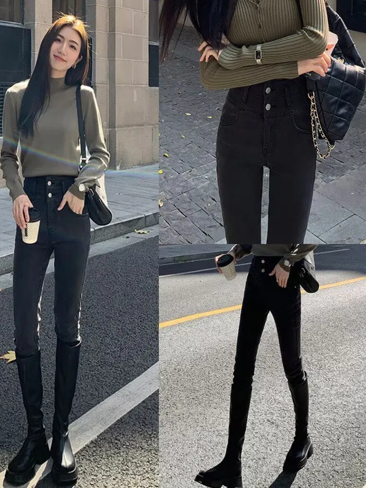 

Retro High Waist Slim Fit Denim Jeans Women's Autumn Winter Elastic Stretchy Pants Design Sensation Nine Point Pants