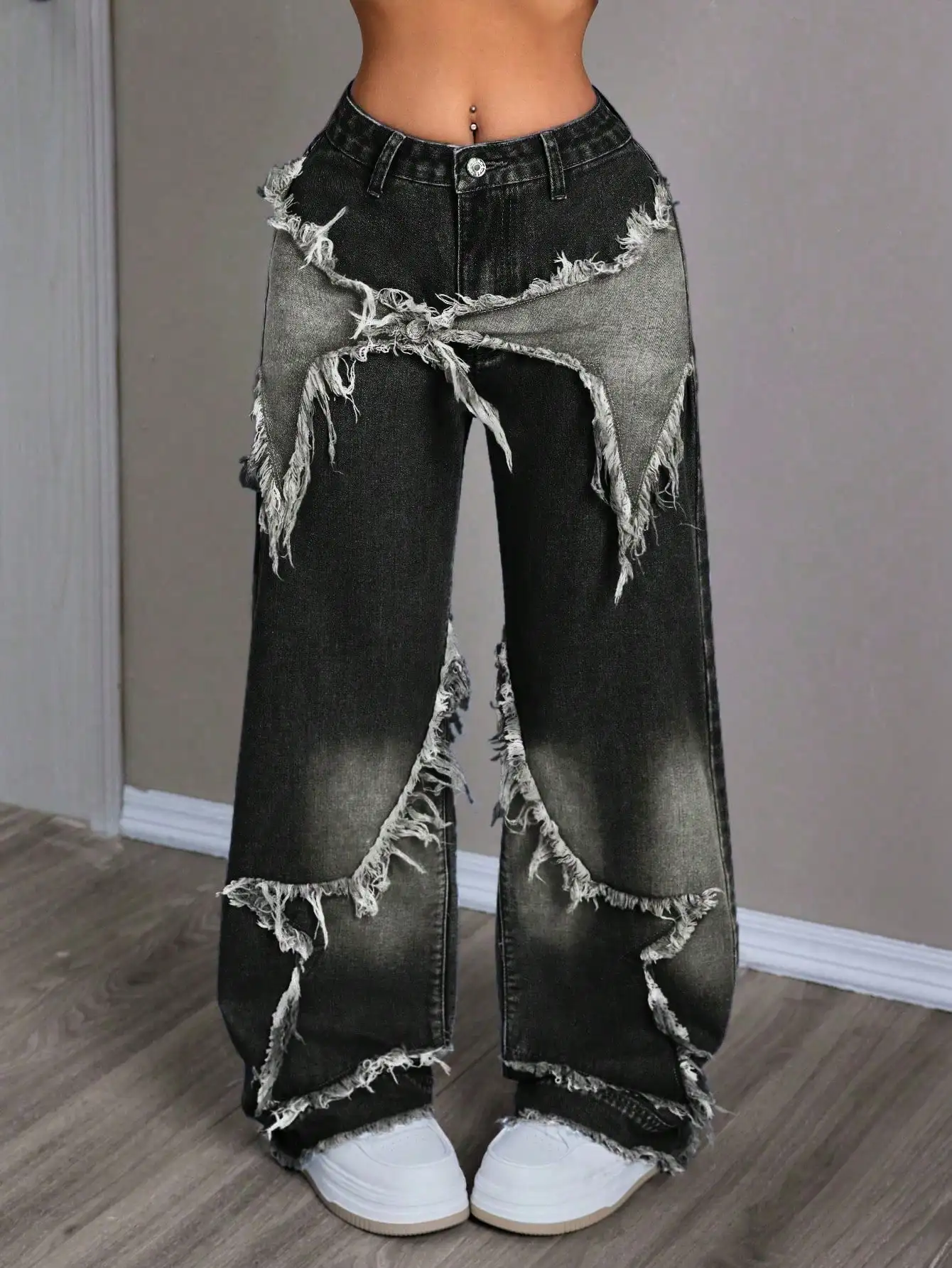 

Женские винтажные джинсы с эффектом потертости, с нашивками в виде звезд, широкие, свободного кроя, для повседневного уличного стиля