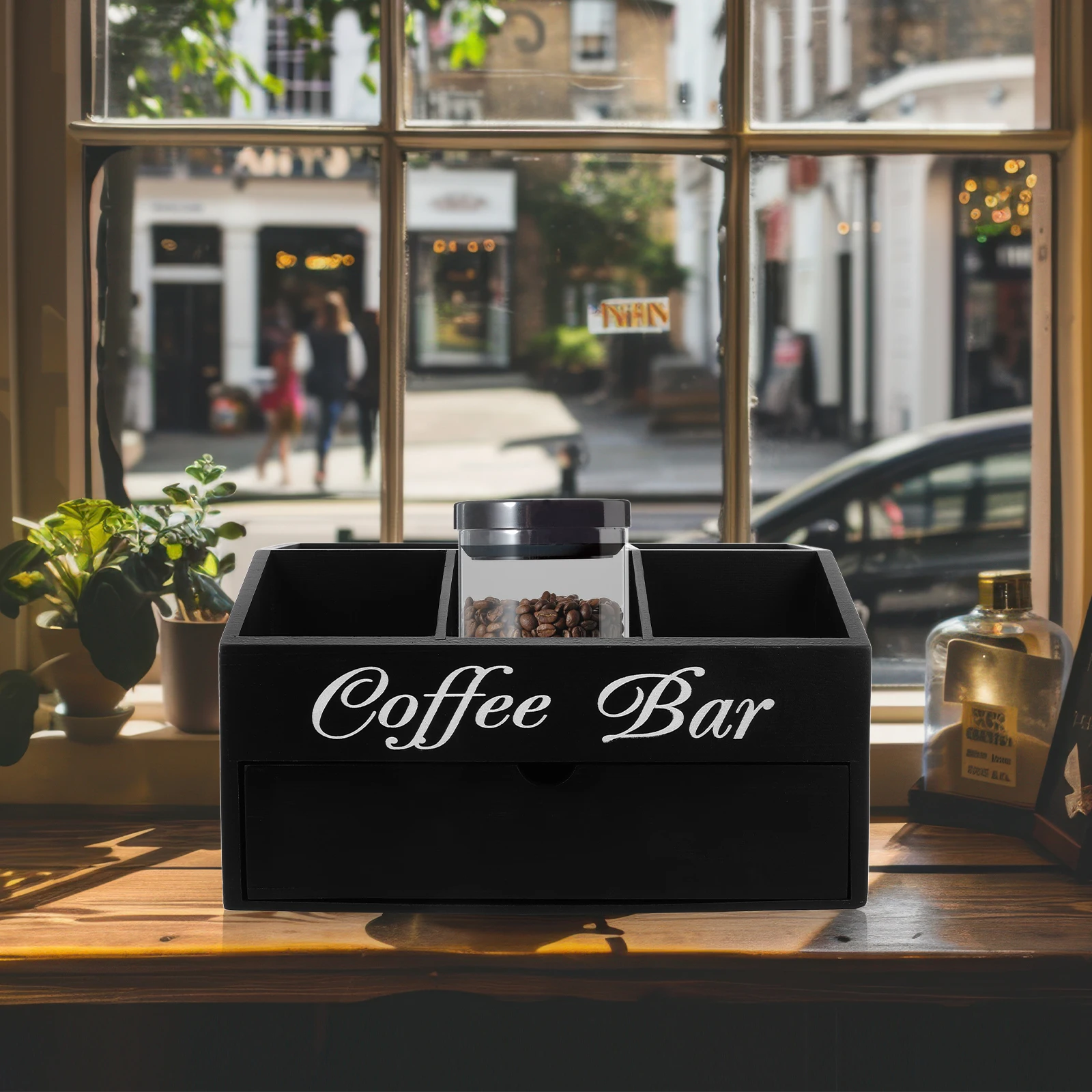 

Coffee Station Organizer Countertop Tea Storage Condiment Box Wood Material Practical Simple Design Stable Bottom Syrup