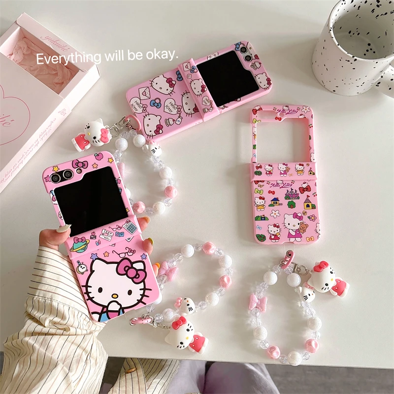 Funda protectora rosa + pulsera con cuentas para los amantes de Hello Kitty, ideal para Samsung Galaxy Z Flip 7, Z Flip 6/5, Z Flip 4/3