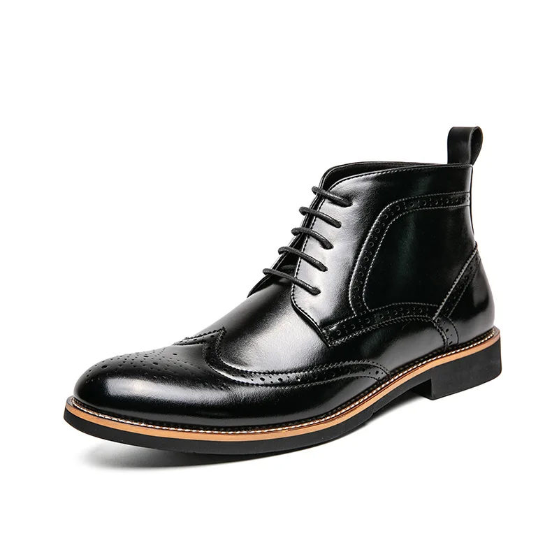 Autumn Carved Brock Pointed Leather Boots Dress Lace-up Casual Shoes Large Size High Top Leather Shoes Short Boots Men's Shoes