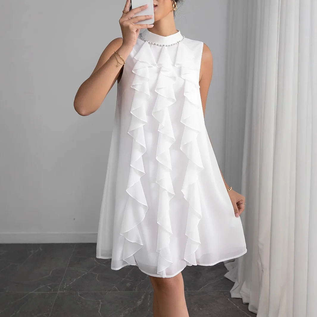 

Elegant Female Ruffled Sleeveless Sexy Dress with Diamond Stand-up Collar