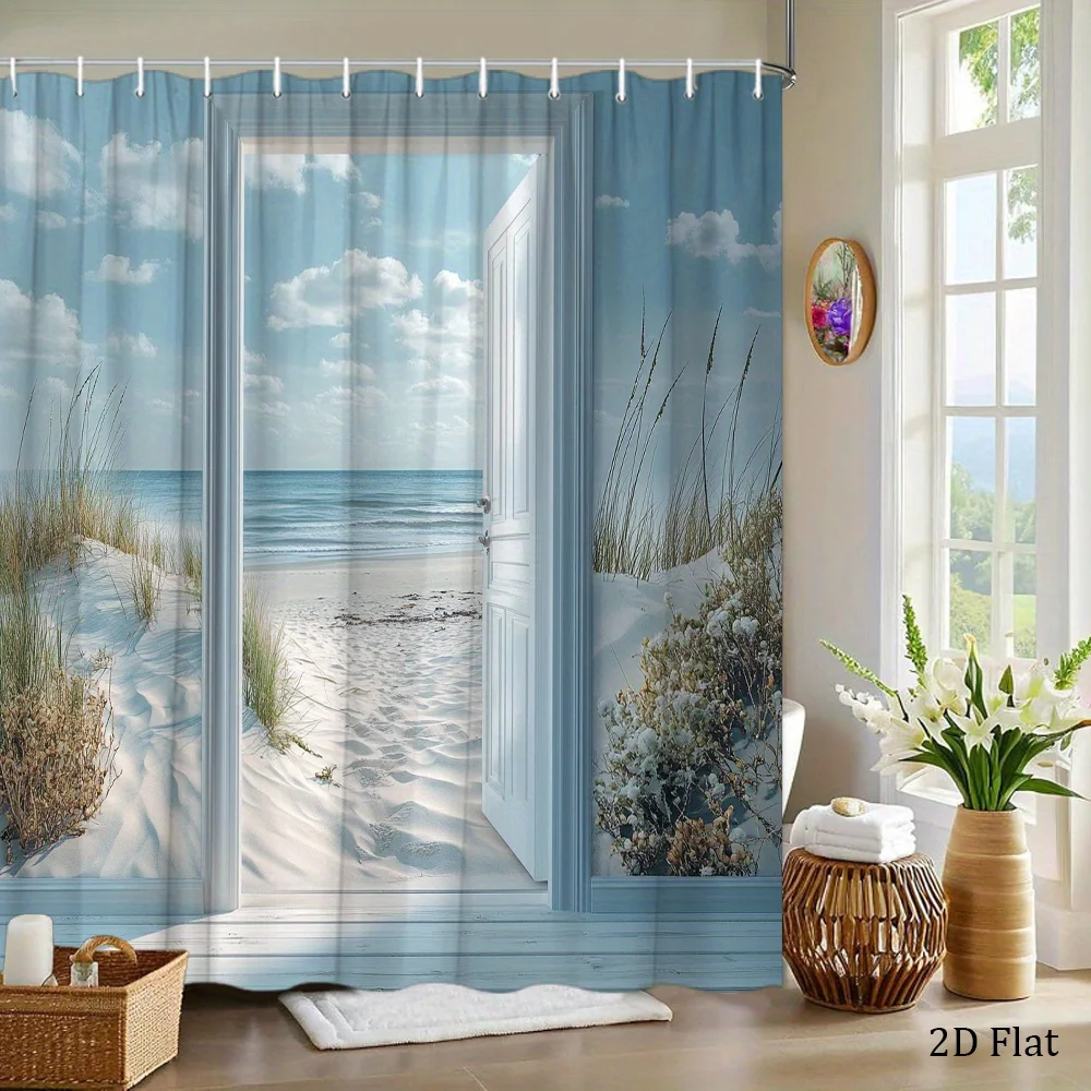 1pc a Beach Shower Curtain Featuring a White Door Leading to a Peaceful Sandy Beach View, with a Gentle Blue Sky And Beach Grass