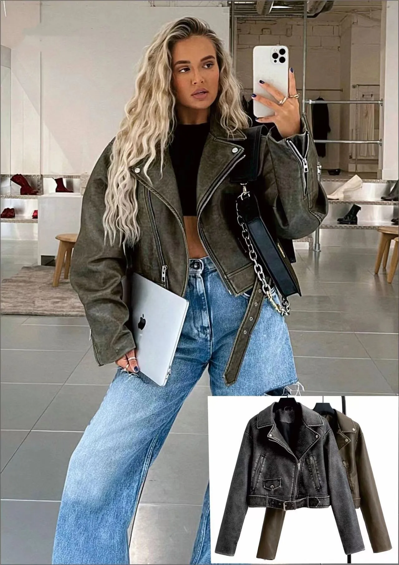 New Women\'s Washed Leather Worn Biker Casual Solid Color Jacket Leather Jacket Women,PU Leather Tops,Personality Cool Clothing