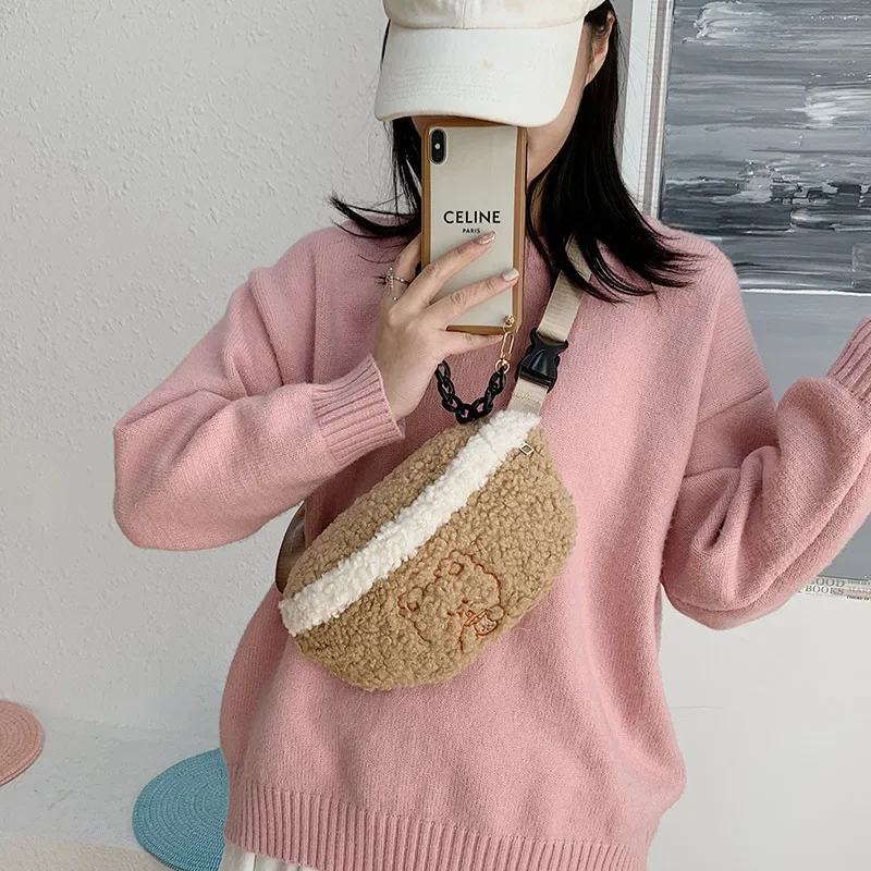 Cute Bear Embroidered Plush Waist Bag Women Winter Soft Warm Belt Bum Bag Female Outdoor Sport Crossbody Chest Purse