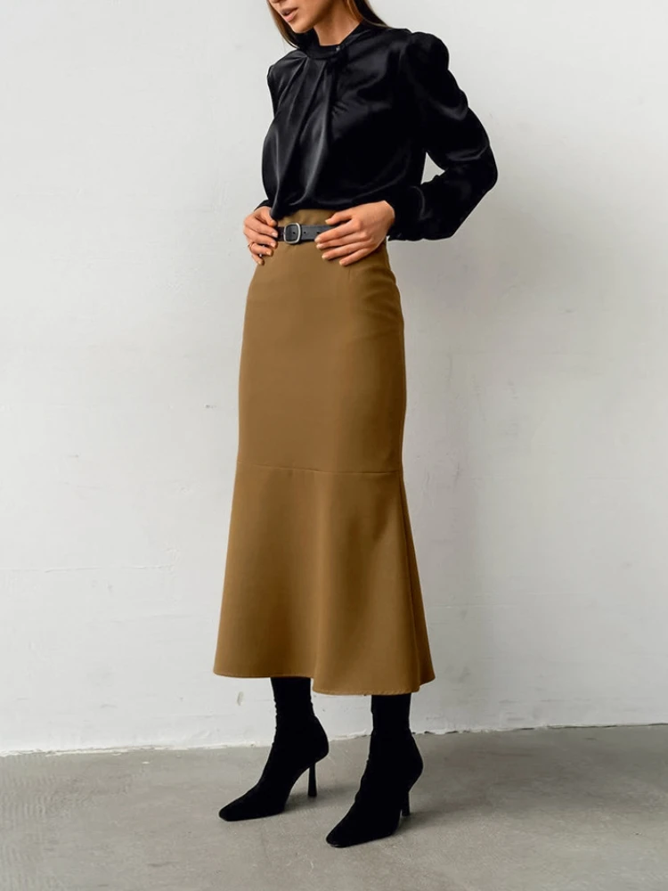 Autumn and Winter High-waisted Fishtail Stitching Skirt Commuting Versatile Solid Color Long Skirt 2024 Fashion Skirts for Women