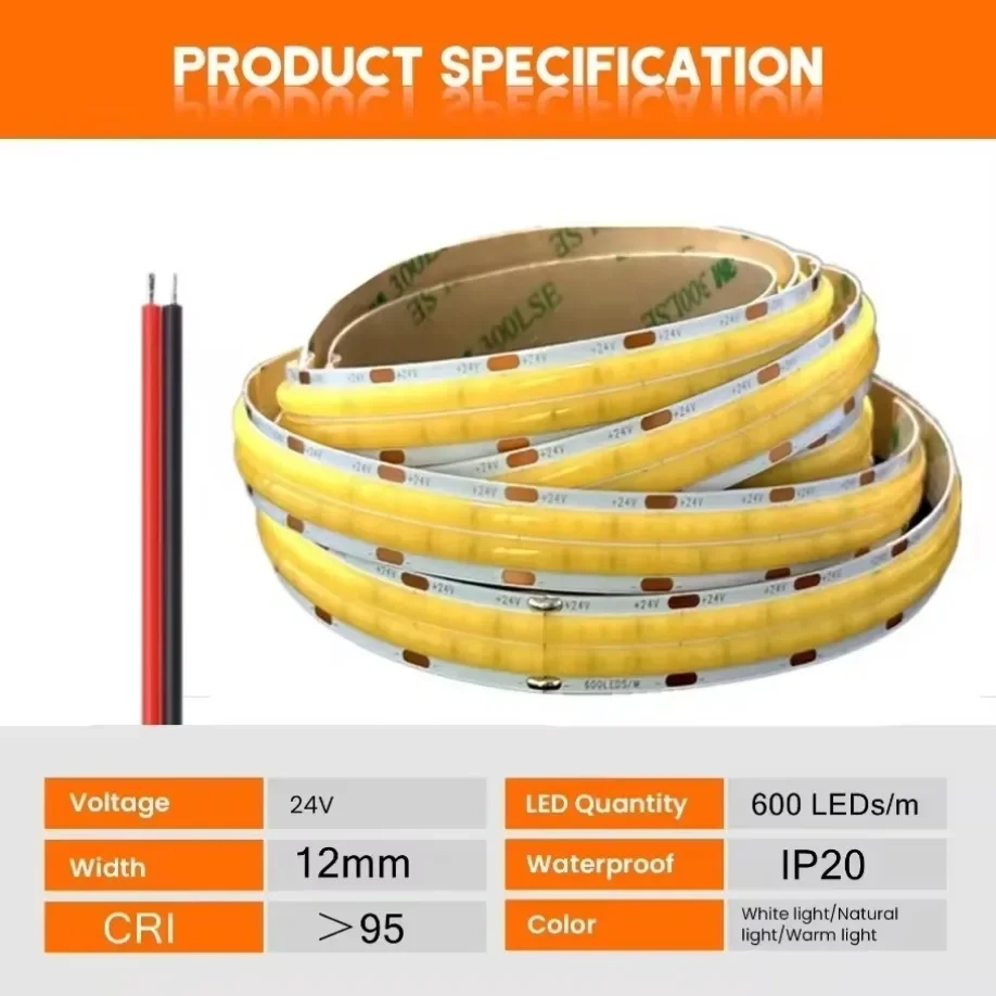 Flexível COB LED Strip Lights, linha dupla, regulável, Super brilhante, alta densidade, 600LEDs por m, DC 24V, 3000K, 4000K, 6500K, 2000LM, M