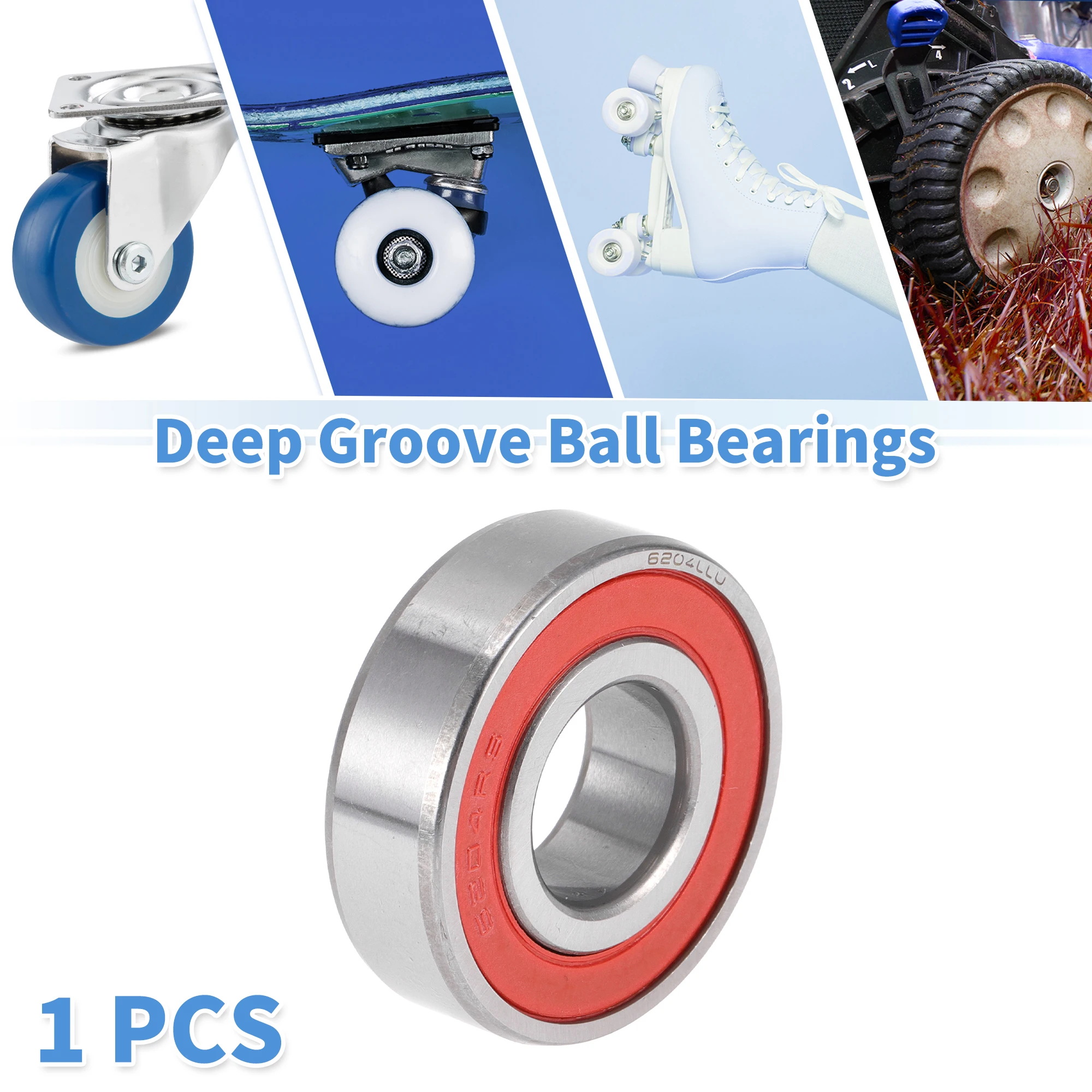 Motoforti 6204LU Deep Groove Ball Bearings Lubricated Bearings Double Rubber Seal 20x47x14mm Red Silver Tone