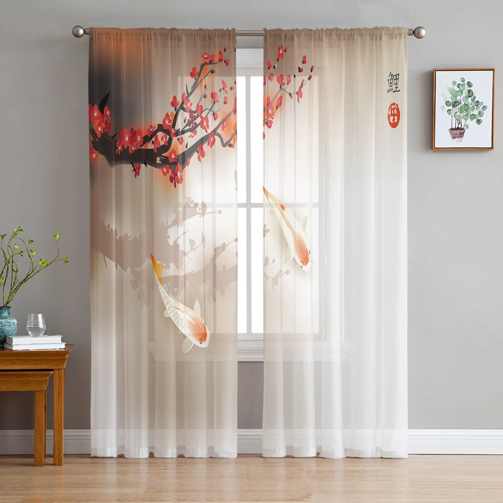 Carp Cherry Tree Branch Spring Tulle Curtain for Living Room Bedroom Windows Modern Sheer Drapes for Balcony Decor