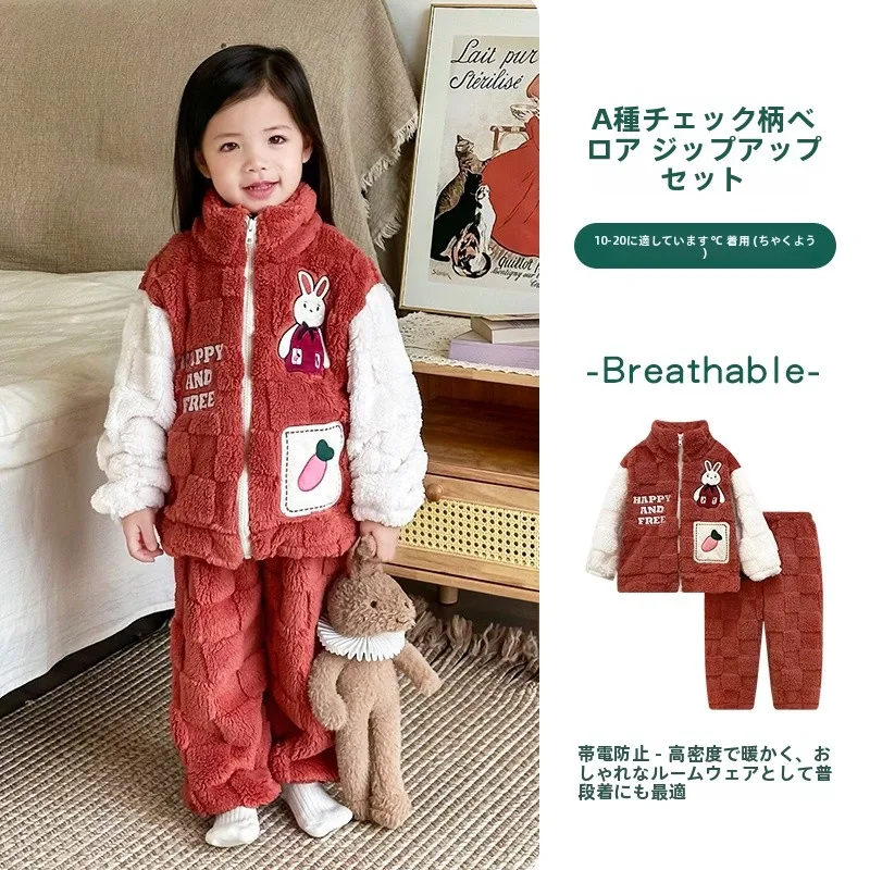 anziban-キッズフリースパジャマセット-中大児用厚手コーラルベルベットホームウェア-女の子用ベルベットホームスーツ