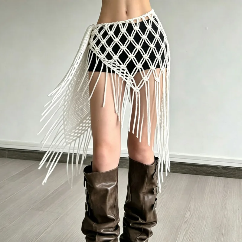 Cotton Rope Mesh Waist Belt Boho Style Handmade Bikini Cover Skirt Wrap Beach Cover Up Tassel Body Chain SummerFestival Swimwear