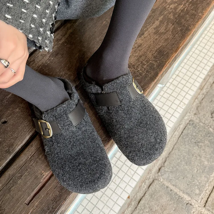 Women Faux Lamb Wool Clogs Metal Buckle Strap Round Toe Hidden Wedge 4.5CM Faux Plush Lining Rubber Sole Chic Warm Shoes F498
