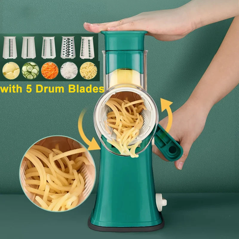 

5 in1 Rotary Cheese Grater Manual Vegetable Slicer Suction Base with 5 Drum Blades Food Shredder Fruit Chopper Walnuts Grinder