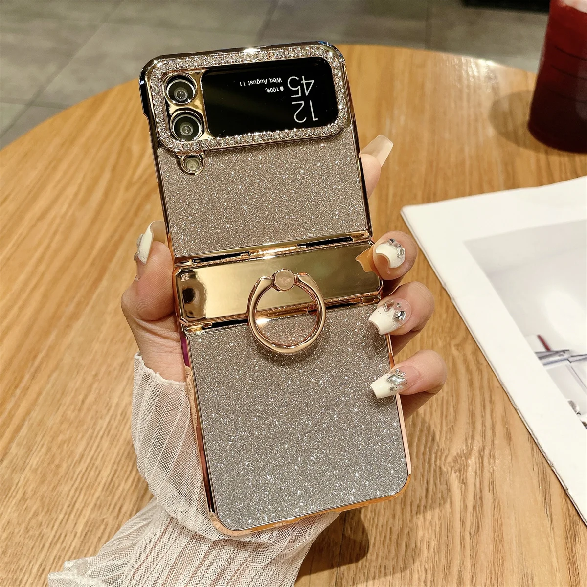 Luxury Plating PC Hard Phone Case For Samsung Z Flip 4 Flip 3 Gradient Glitter Shock-proof Full Protective Shell With Ring