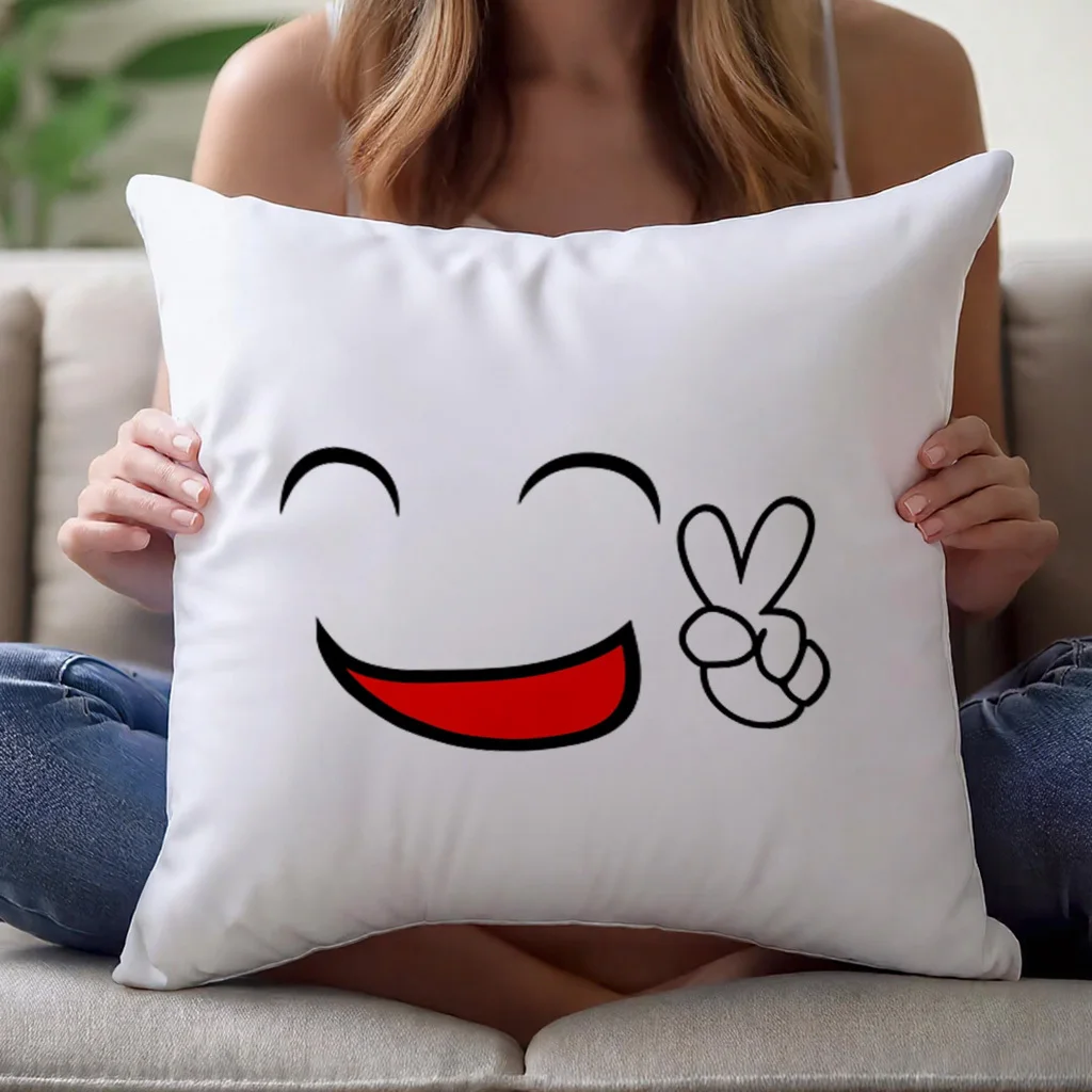 Cute Smiley Face Pillow Case, Peace Sign Cushion Cover, Kawaii Emoji Home Decor for Sofa Bedroom Living Room Gift