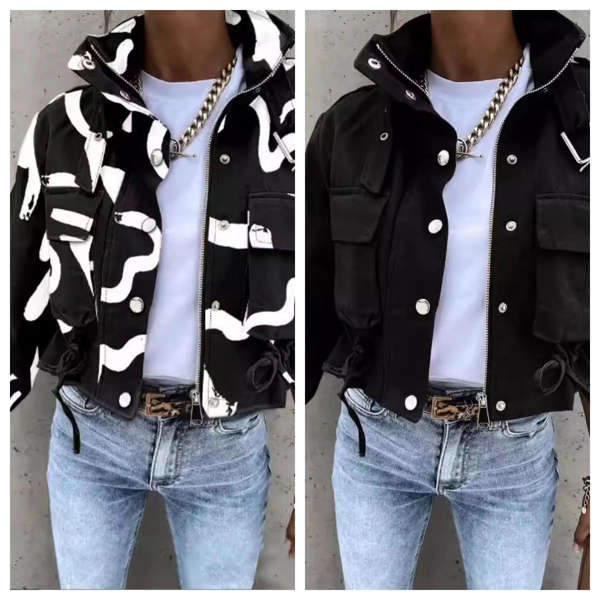 

Женское короткое повседневное пальто с принтом на осень и зиму в европейском и американском стиле