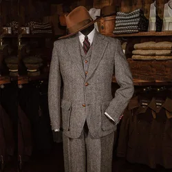 Elegant Tweed Men's Suits for Winter Single Breasted Notch Lapel Slim Fit Male Clothing High Quality 3 Piece Jacket Pants Vest