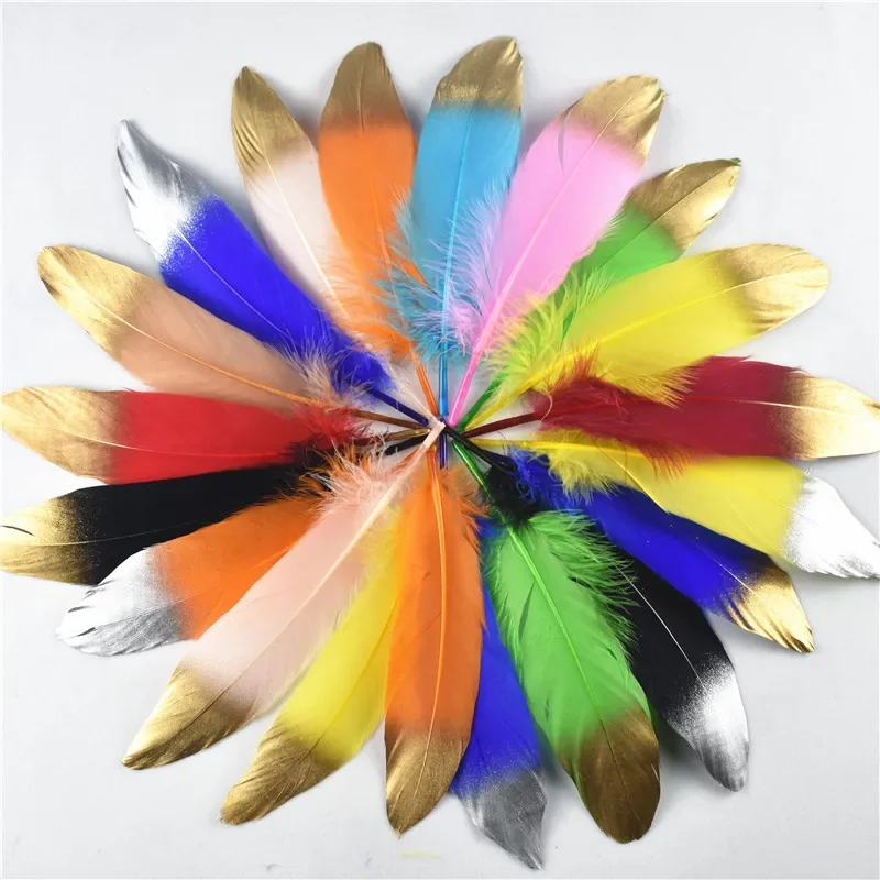 10 Stück/Set, goldfarben beschichtete, natürliche Gänsefedern für Bastelarbeiten, Hüte, Verzierungen, Federn, Dekoration, DIY-Hochzeitsdekoration. – Detail 1