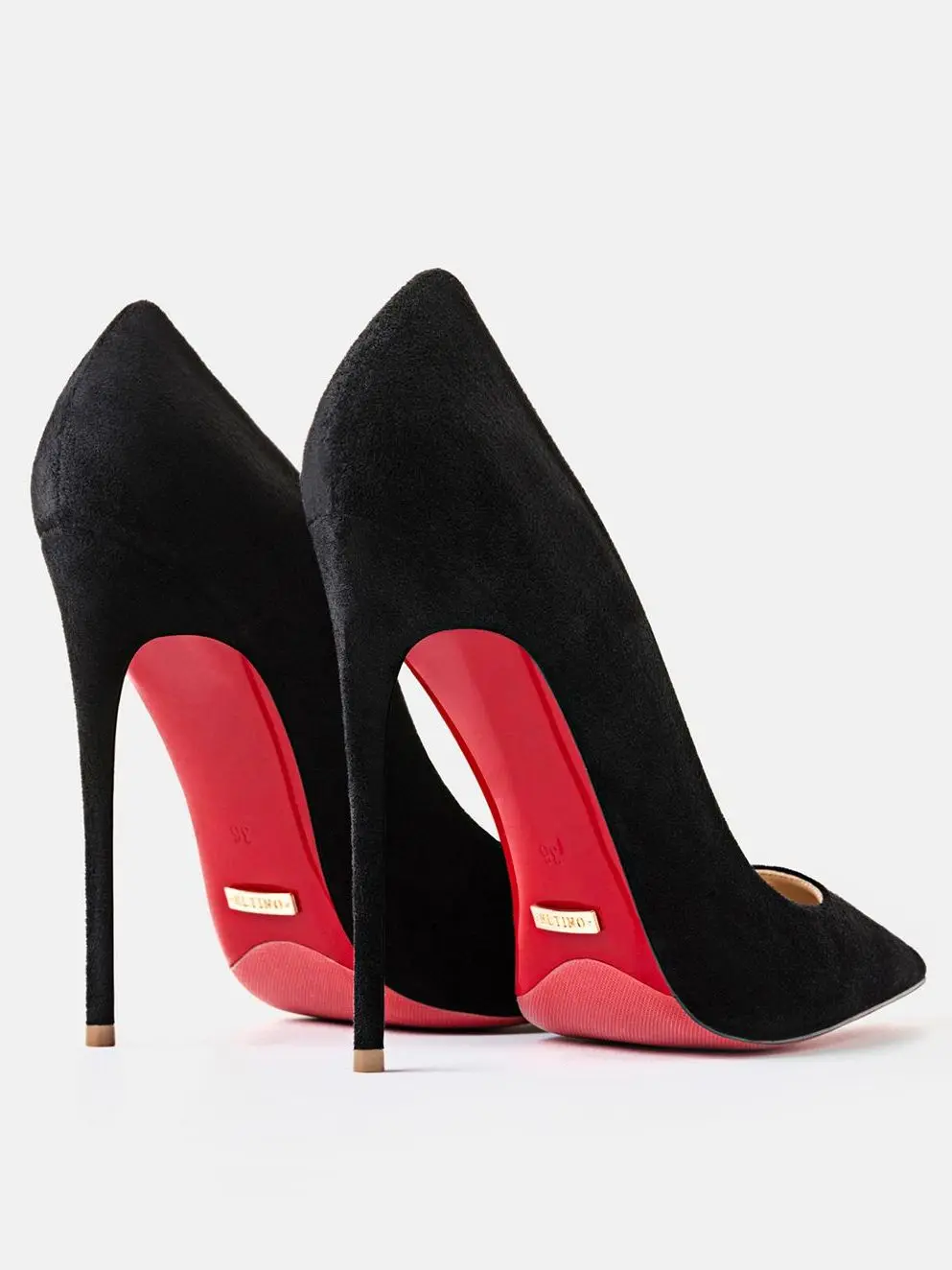 Luksusowe damskie buty Czarne zamszowe eleganckie buty do biura Damskie markowe czółenka Czerwona podeszwa Wysokie obcasy Szpiczasty nosek Buty do sukienki wieczorowej 12 cm — 2