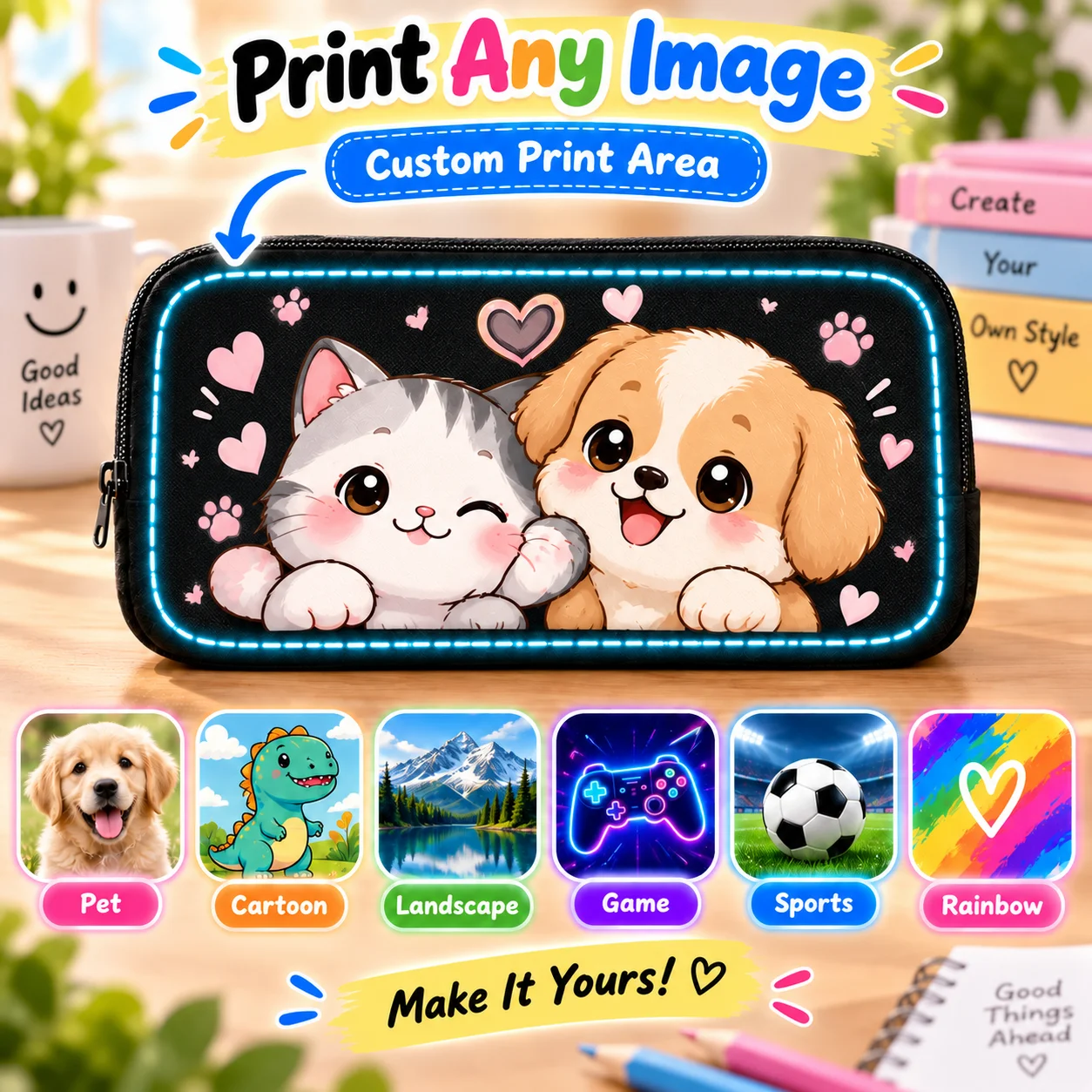 Custom Large Capacity Student Stationery Bag Full Print Front Cover for School Boys Girls Unisex Campus Gift Organizer