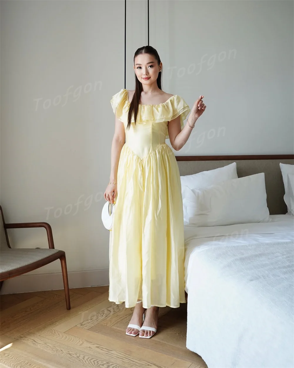 Toofan с оборками, желтые вечерние платья трапециевидной формы, вечернее платье длиной до щиколотки по индивидуальному заказу, специальное платье для выпускного вечера знаменитостей с короткими рукавами
