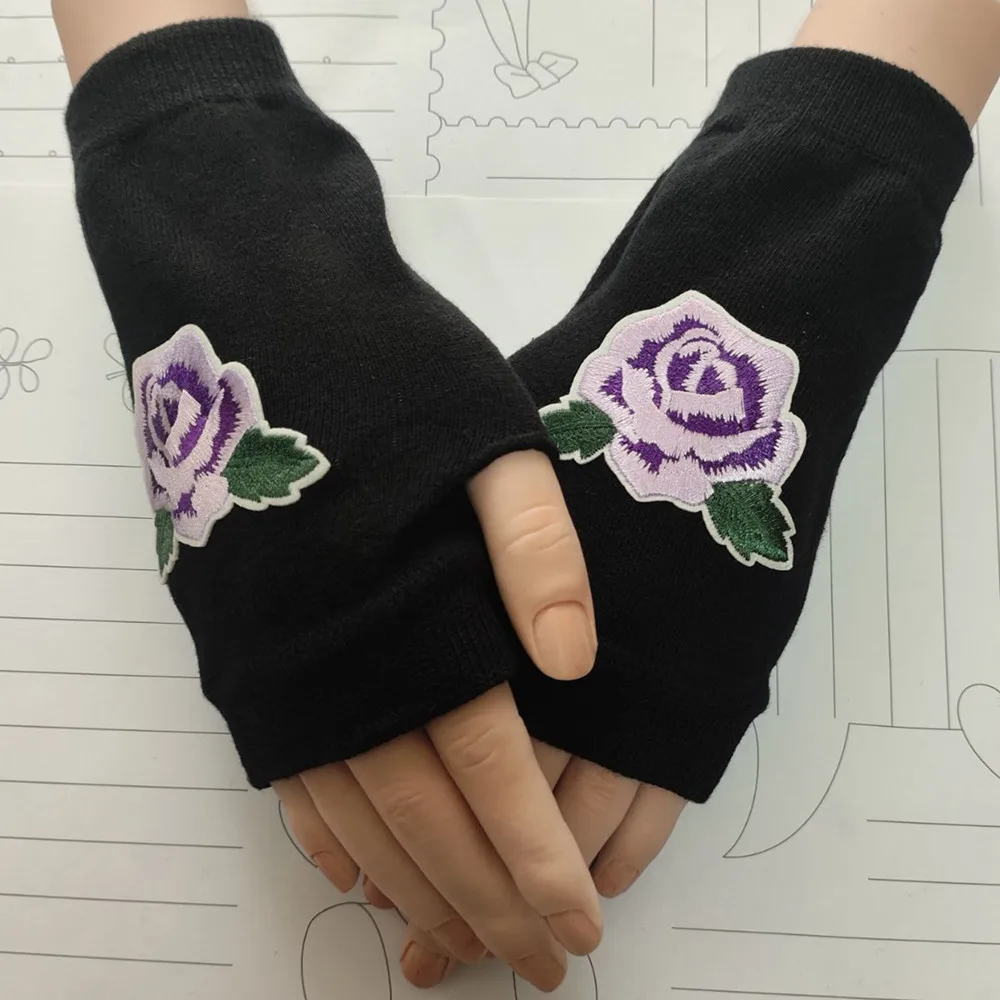 Guantes de punto sin dedos con bordado de rosas, novedad