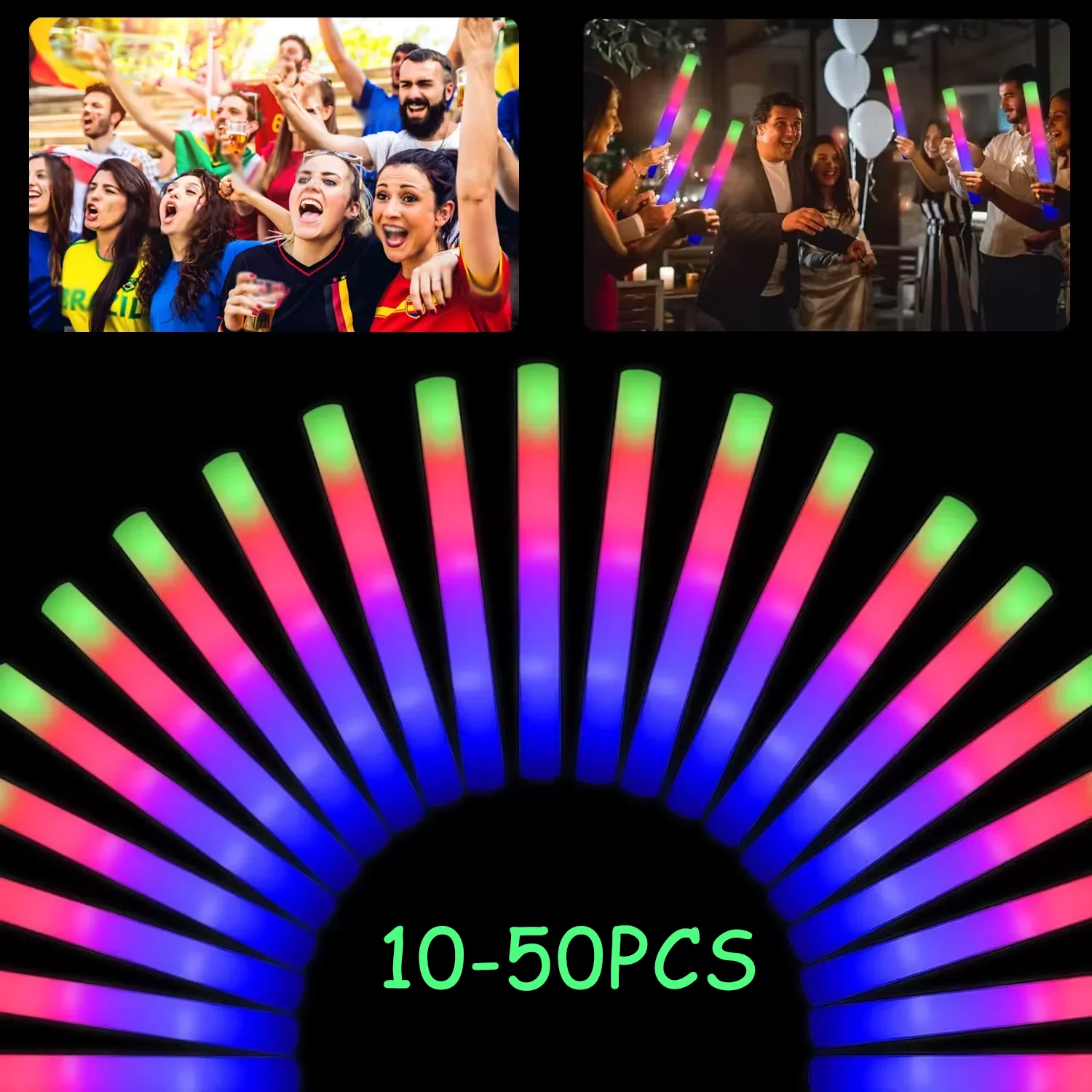 10-50Pcs LED Glow Sticks Bulk Colorful RGB Glow Foam Stick Cheer Tube Dark Light for Xmas Birthday Wedding Party Supplies