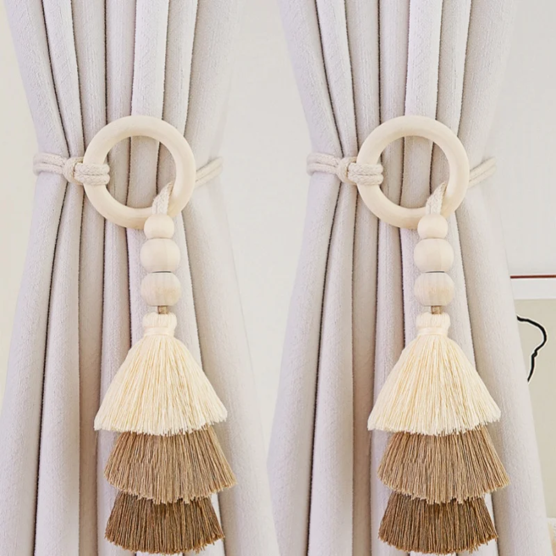 

2Pcs/Pair Wood Tassel Curtain Straps Tiebacks Hanging Bind Ropes Buckle Holder Curtain Accessories Tie back Home Decor